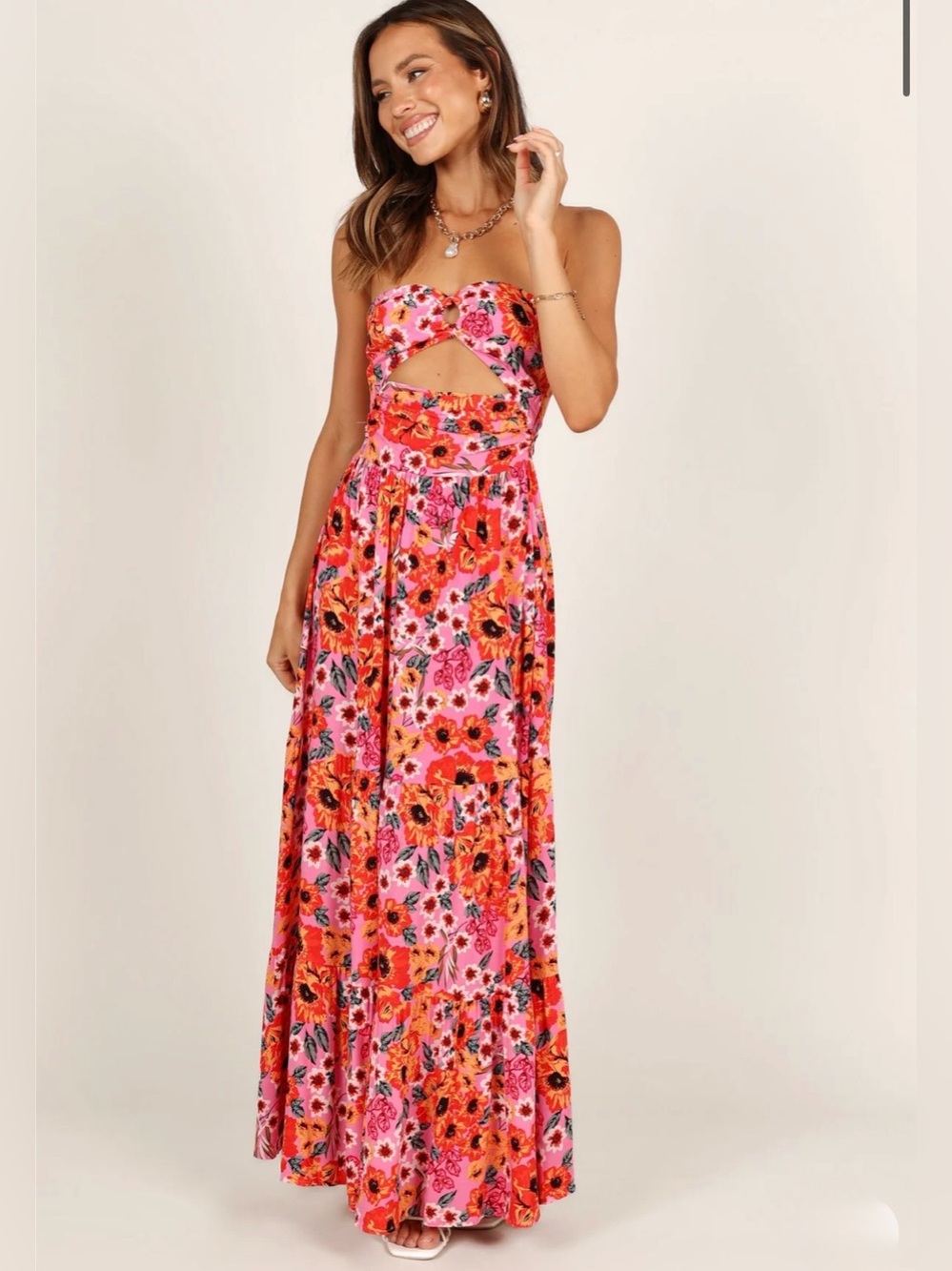 New!All About May Pink Floral Cutout Keyhole Strapless Tiered Maxi Dress. Size 2